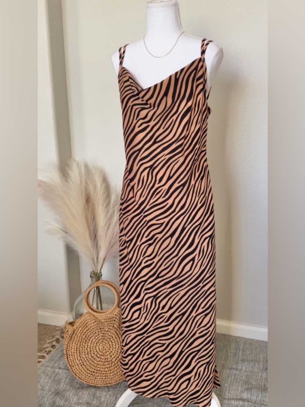 NEW - Sleeveless Zebra-Print Slip Dress in Tan and Black